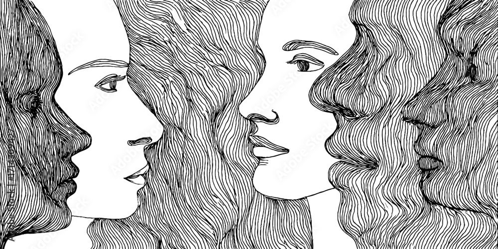 Poster black and white abstract line art with overlapping faces for modern art design