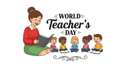 Celebrating world teacher's day with a cartoon teacher reading to diverse children group vector