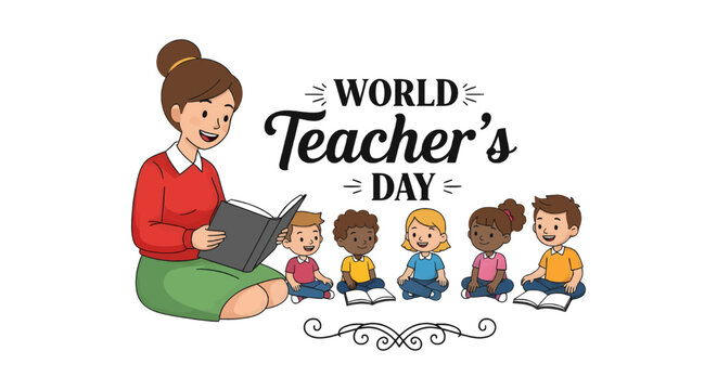 Celebrating world teacher's day with a cartoon teacher reading to diverse children group vector - Powered by Adobe