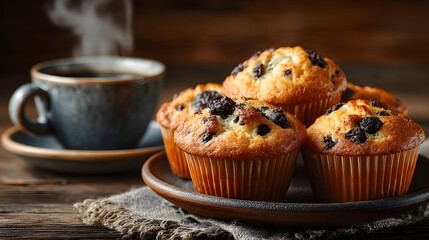 Plate of warm, freshly-baked chocolate chip muffins sits on a rustic wooden table next to a steaming cup of coffee, creating a cozy cafe atmosphere.