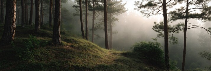 Tranquil misty forest at sunrise with sunlit pine trees and lush greenery