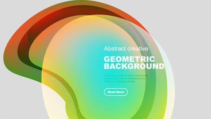 Obraz premium Abstract shapes overlap, creating vibrant gradient background. Text promotes further exploration. Modern design elements present.