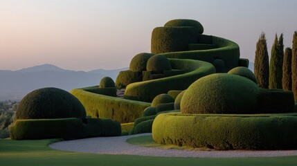 Artistically trimmed garden bushes create a spiral topiary design, enhancing the landscape with its beautiful green curves and shapes on a gentle hillside.