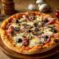 Pizza Quattro Stagioni with Tomato sauce, mozzarella, artichokes, ham, mushrooms and olives