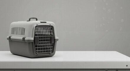 Pet carrier on table with a neutral background in modern style  