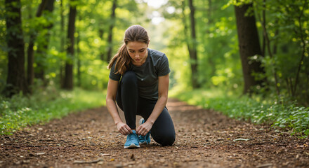 Young woman tying shoelaces while preparing to run in forest  