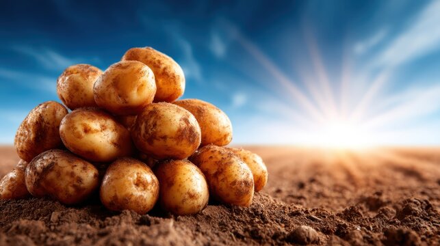 An arrangement of freshly harvested potatoes rests atop rich brown soil, under a vibrant sky at sunrise, symbolizing natural agriculture and wholesome food.