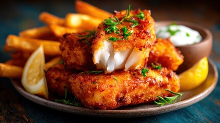 This appetizing image features thick, golden fried fish fillets served alongside crispy fries and a tangy sauce, perfect for seafood lovers craving comfort food.
