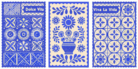 Triptych of mexican folk art inspired designs featuring floral motifs and decorative patterns in blue and cream