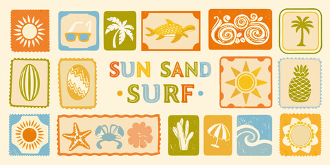 Retro summer vacation icons and text sun sand surf with tropical elements