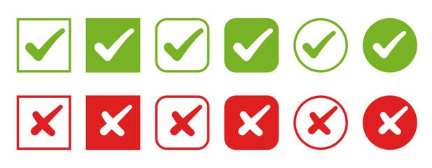 Green check mark and red cross icon set, tick and cross vector symbols for correct and wrong, approval and rejection buttons, flat design isolated icons for apps, websites, forms, and UI