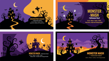 "Monster Mash" Halloween Horizontal Banner Set with Haunted House, Flying Ghosts, and Silhouettes on a Hill