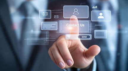Contact us button on virtual screen concept for business communication and customer support services