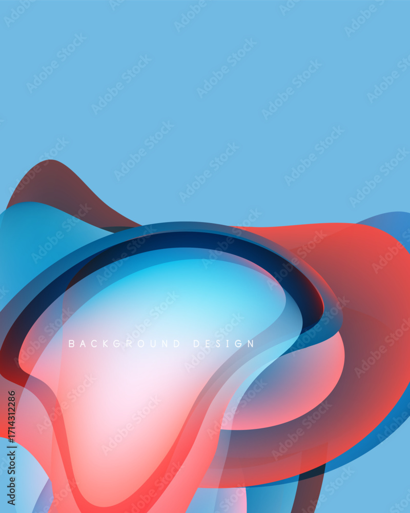 Poster abstract flowing shapes, vibrant colors. blue background with red, black layers creating dynamic vis