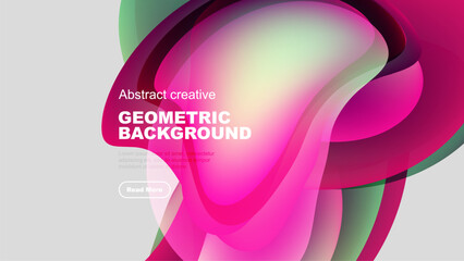 Abstract geometric background features vibrant pink, green hues. Modern design with text, button visible. Minimalist aesthetic.