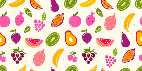 Vibrant hand drawn fruit pattern seamless background with tropical and berry fruits