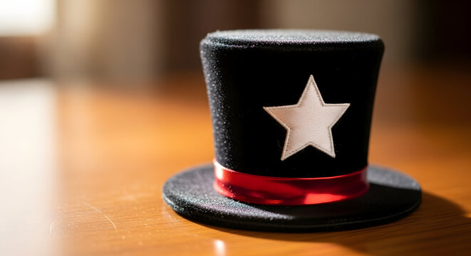 Discover the magic of this striking black top hat adorned with a white star and red ribbon, perfect for captivating performances and festive celebrations.