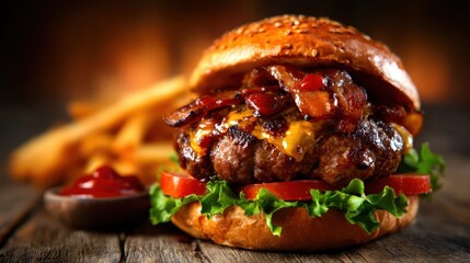 A mouth-watering cheeseburger topped with crispy bacon, fresh lettuce, and tomatoes, served with golden fries, evoking feelings of indulgence and comfort food enjoyment.