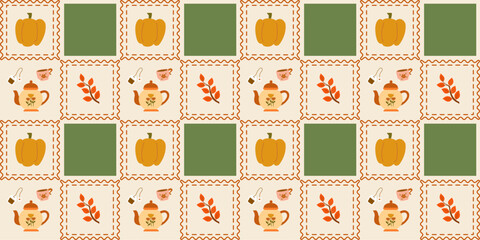 Autumn Seamless Pattern with Teapots, Pumpkins, Fall Leaves and Checkerboard Design for Fabric, Wallpaper, and Decor