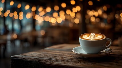 Obraz premium Single white coffee cup with latte art on a wooden table. The warm, glowing bokeh lights of a bustling, fashionable cafe are softly blurred behind it.