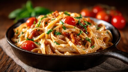A creamy fettuccine dish featuring fresh cherry tomatoes and vibrant herbs, creating a rich, flavorful pasta meal that is visually appealing and perfect for gourmet dining experiences.