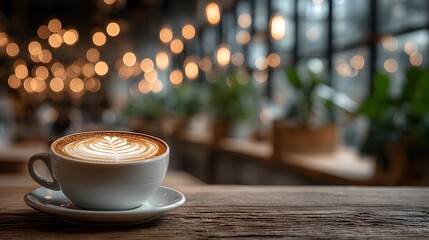 Obraz premium Single white coffee cup with latte art on a wooden table. The warm, glowing bokeh lights of a bustling, fashionable cafe are softly blurred behind it.