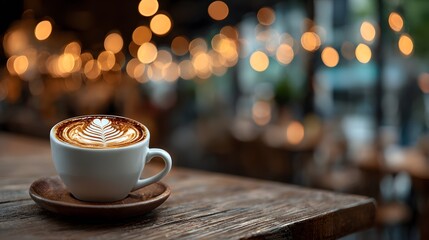 Obraz premium Single white coffee cup with latte art on a wooden table. The warm, glowing bokeh lights of a bustling, fashionable cafe are softly blurred behind it.