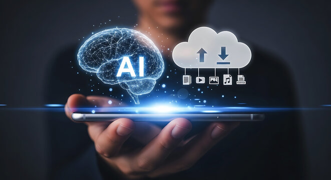 Artificial Intelligence and Cloud Computing on a Smartphone representing modern Technology and Data Transfer in the Digital Age