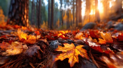 Golden autumn leaves blanket a serene forest floor, illuminated by soft sunlight streaming through towering trees, capturing the essence of seasonal change and tranquility in nature.