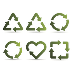 Obraz premium Collection of six green recycling symbols in various shapes including triangle, circle, heart, and square, isolated on white background.