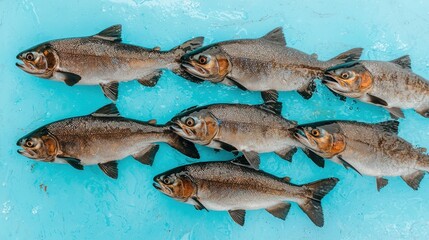 Fresh Fish Display on Ice in Vibrant Blue Background
