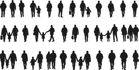 Black silhouettes of people walking, families, children, urban crowd, diverse activities, outdoor lifestyle, vector illustration, companionship