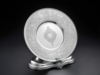 Ornate silver serving plate with engraved floral border and central diamond-shaped motif, displayed on a stand.