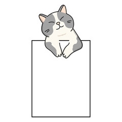 Cute cartoon cat peeking out from a blank sign. Adorable kitten illustration perfect for stickers, greeting cards, planners, and scrapbooking. Vector style, isolated on white background