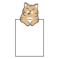 Cute cartoon cat peeking out from a blank sign. Adorable kitten illustration perfect for stickers, greeting cards, planners, and scrapbooking. Vector style, isolated on white background