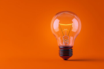 A single clear incandescent light bulb photographed on a vibrant orange background. The glowing filament and glass reflection create a minimalist composition emphasizing shape.
