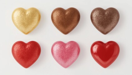 Set of realistic heart shaped chocolates wrapped in foil candy wrapper. Festive design element for Happy Valentines Day