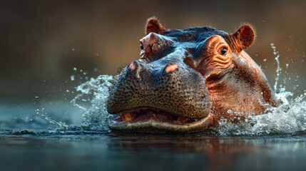 Fototapeta premium A captivating image of a hippo emerging from the serene waters gracefully illustrates the majesty of wildlife and the beauty of nature in a tranquil setting.