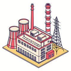 Isometric illustration of a power plant, showcasing its industrial design, energy production, and infrastructure in a clean and modern style