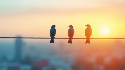 Birds Sitting on a Wire at Sunrise with Soft Background Light