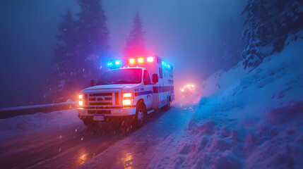Obraz premium An emergency ambulance in a snowy landscape, illuminated by flashing lights during a winter storm.