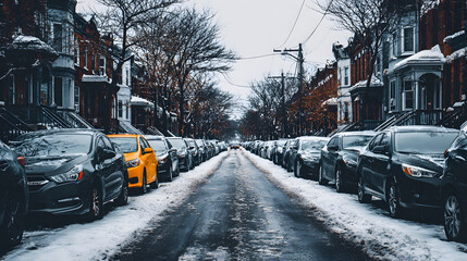 A snowy urban street lined with parked cars, featuring a single bright yellow car amidst the monochrome surroundings.