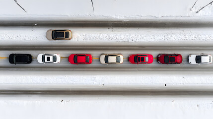 Aerial view of cars stuck in traffic on a snowy road, showcasing winter driving challenges.