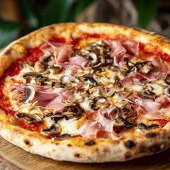 Pizza Prosciutto e Funghi with Tomato sauce, mozzarella, ham, mushrooms