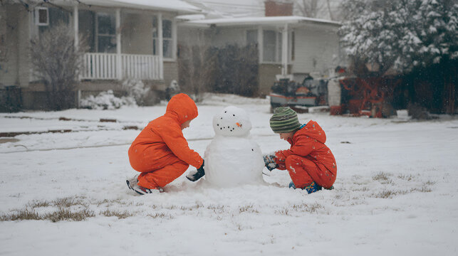 Two children, one boy and one girl, joyfully building a snowman in a winter wonderland.
