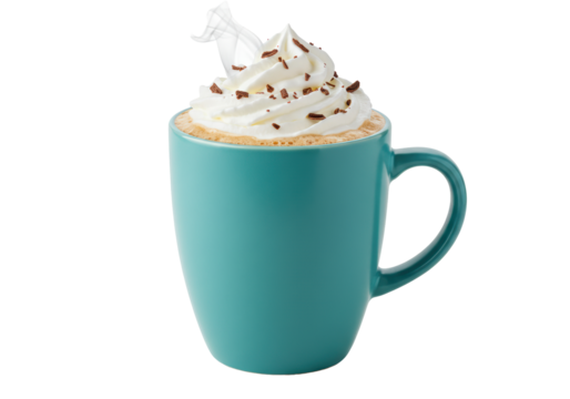 Isolated mug filled with coffee, topped with whipped cream and chocolate sprinkles, steaming