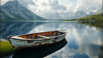 Small wooden boat floating peacefully on calm mountain lake water - Powered by Adobe