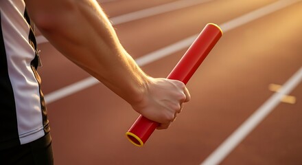 Close-up of an athlete's hand holding a red baton on a track, bathed in the golden light of the setting sun.