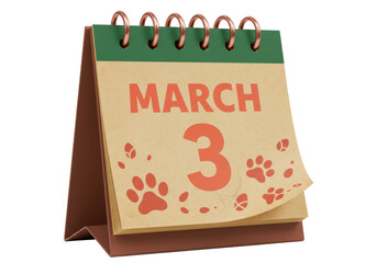 Isolated tear-off calendar with March 3 and animal paw prints, holiday date reminder event