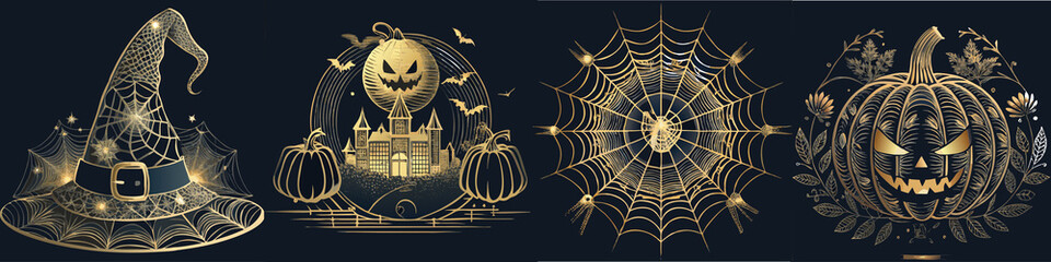 Obraz premium Halloween symbols including witch hat, pumpkin, spider web, and lantern 